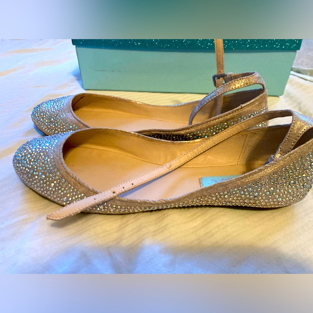 Size 7 embellished flats with an ankle strap; Blue by Betsy Johnson